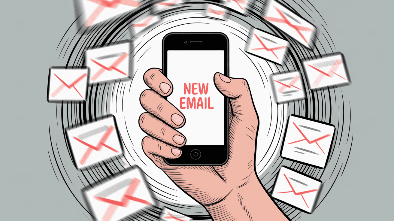 Hand holding smartphone with NEW EMAIL notification surrounded by swirling vortex of email envelopes illustrating compulsive email checking addiction behavior